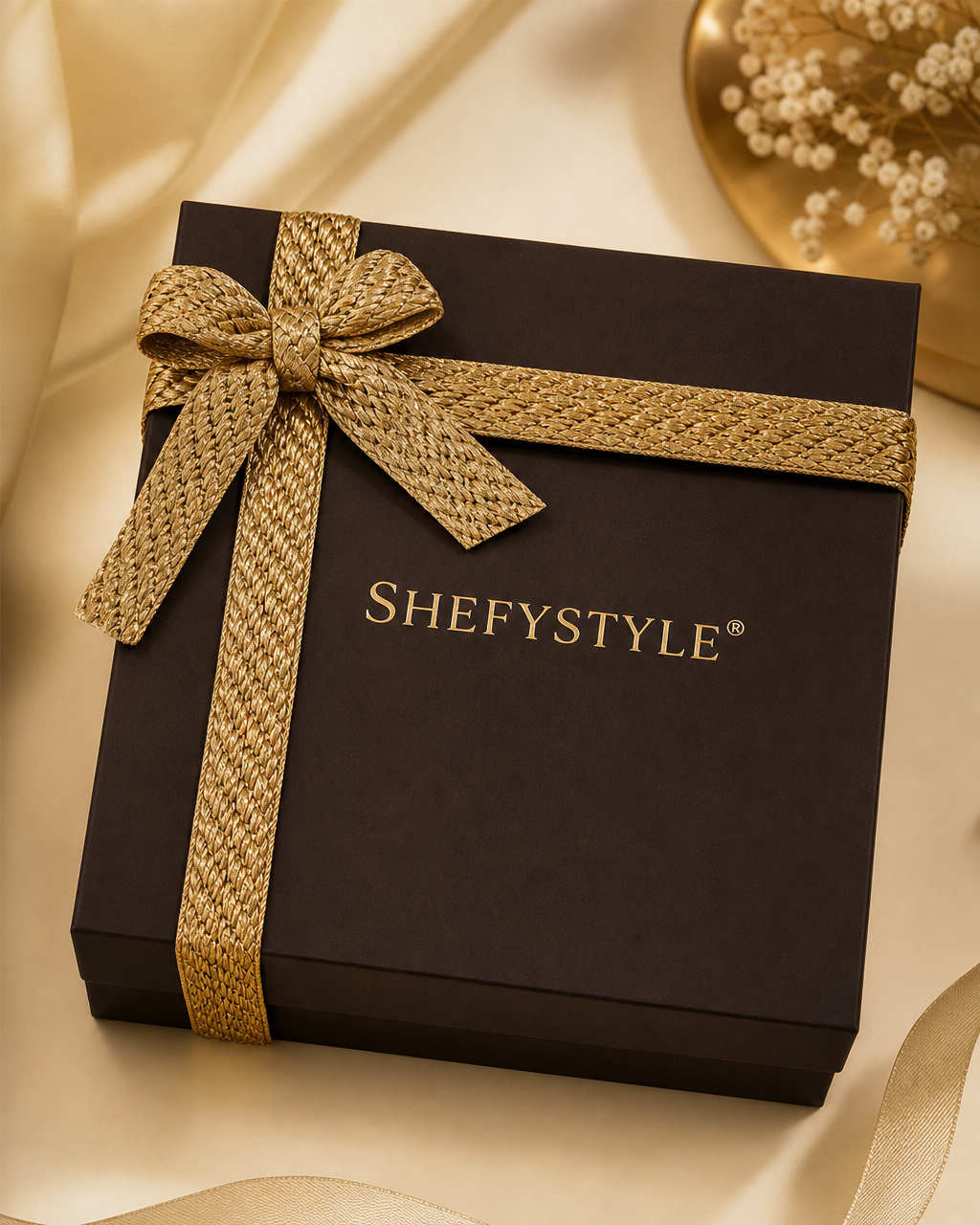 Black magnetic SHEFYSTYLE gift box with gold plaited tie