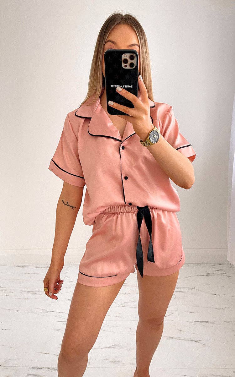 Satin Short Pyjama Set with Rose Piping · Crystal (XS · XXXL)