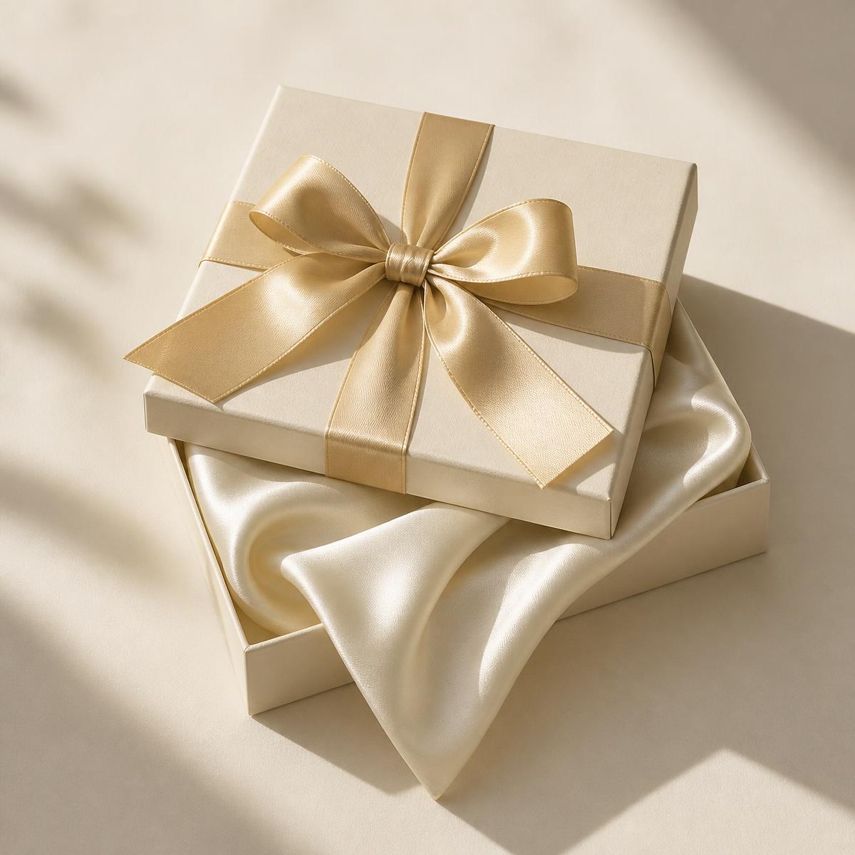 Cream gift box tied with a gold satin ribbon and ivory silk scarf