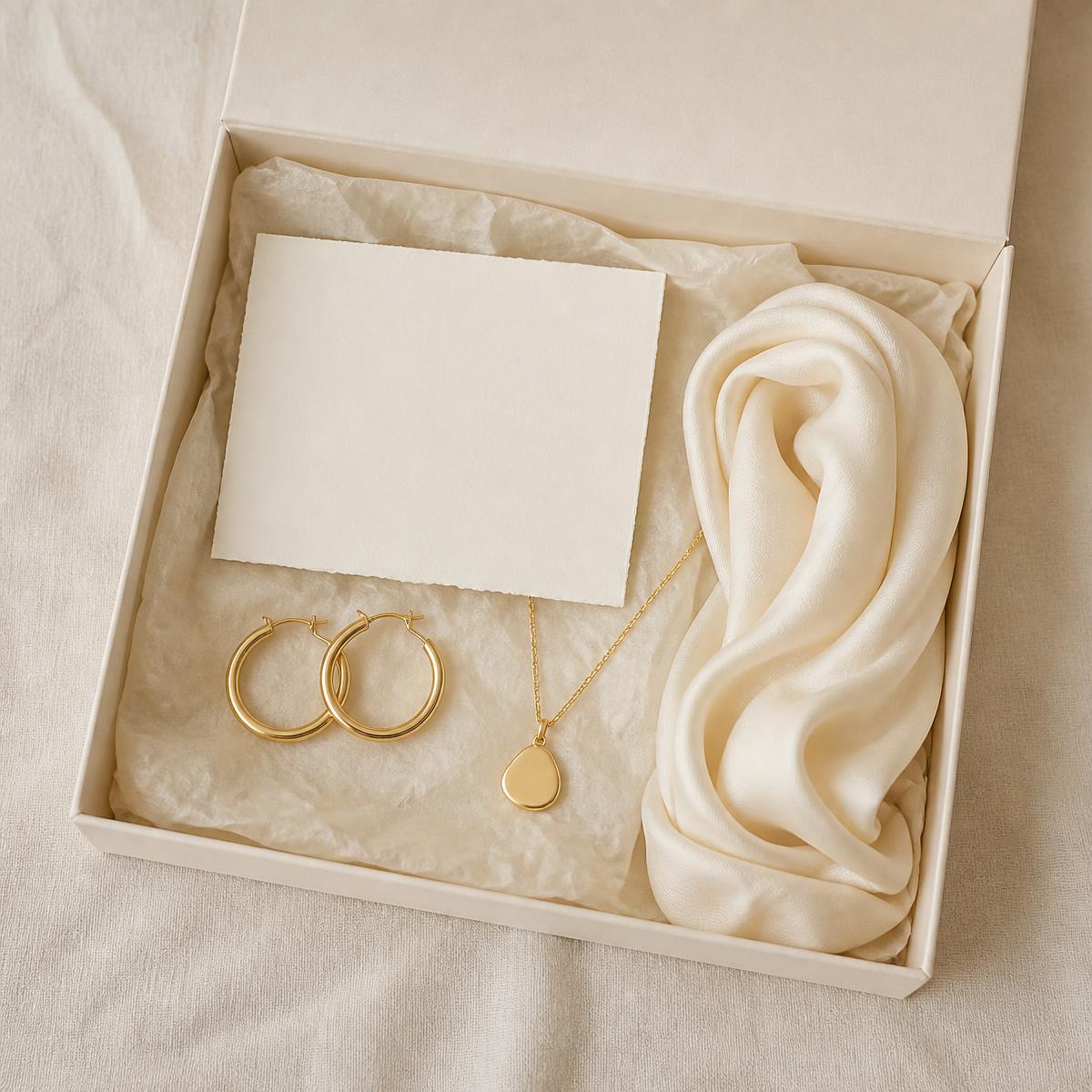 Open cream gift box with gold hoops, pendant necklace, ivory scarf and a note card