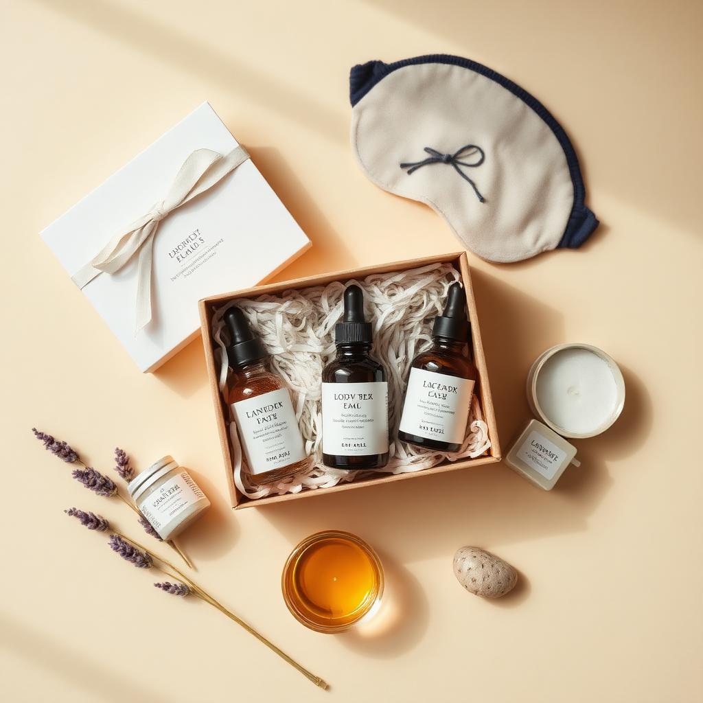 SHEFYSTYLE Self Care Luxe gift box with body oil, bath salts, eye mask, candle and dried lavender