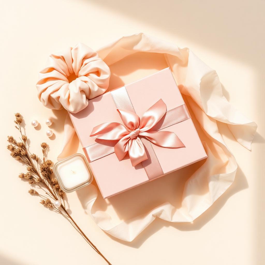 SHEFYSTYLE Soft Girl Luxury gift box in blush and cream with silk scrunchie, pearls and a candle