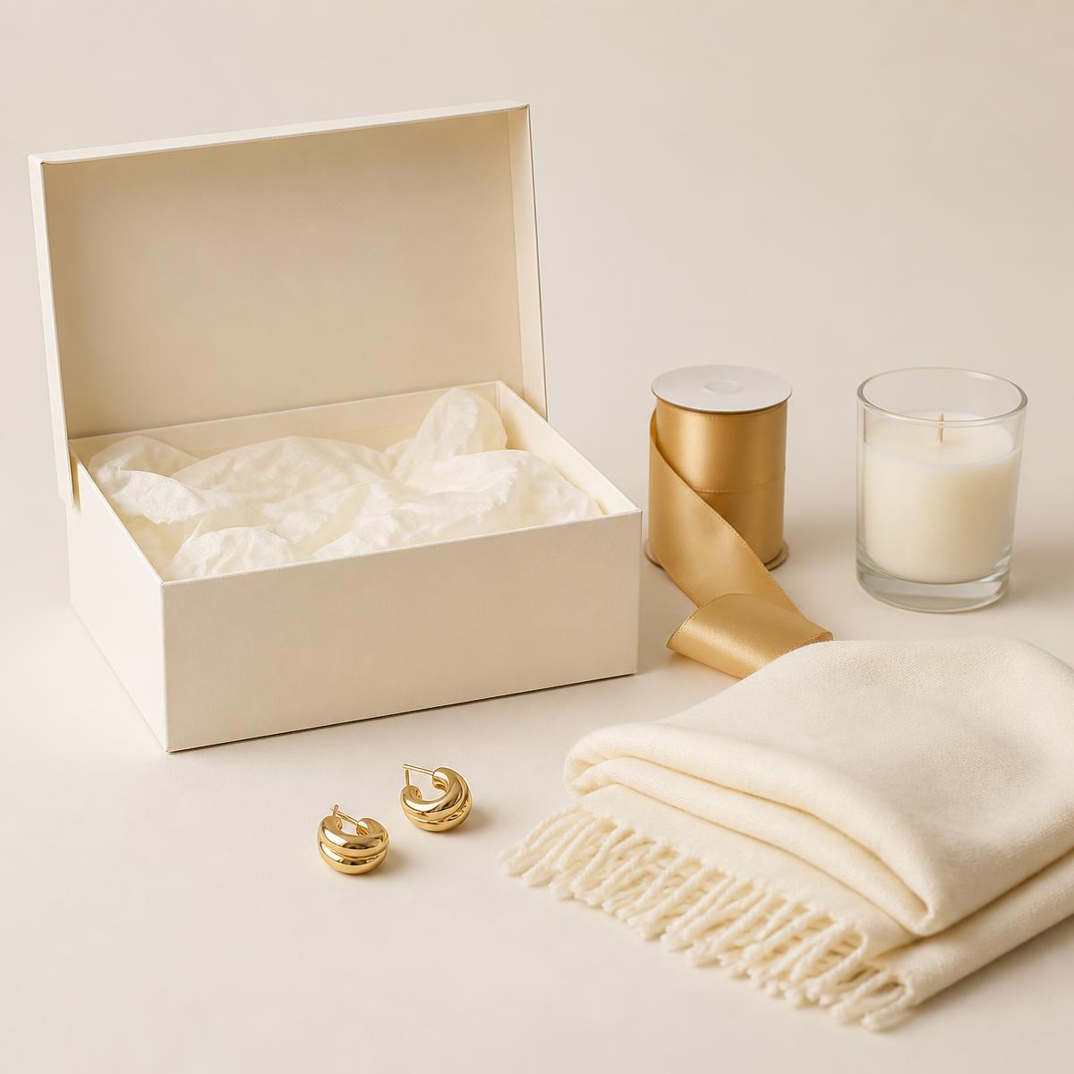 Empty cream gift box beside gold ribbon, a candle, gold earrings and an ivory scarf