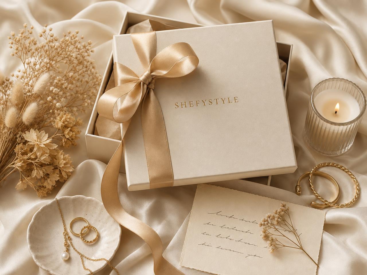Hand packed SHEFYSTYLE gift box in cream and gold