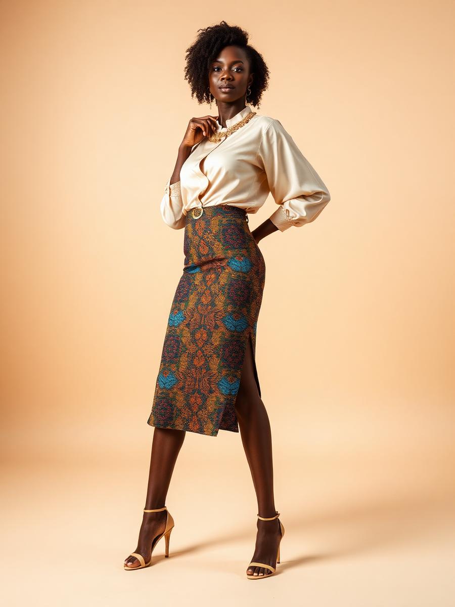 Woman in a tailored ankara midi skirt with cream silk blouse and gold jewellery