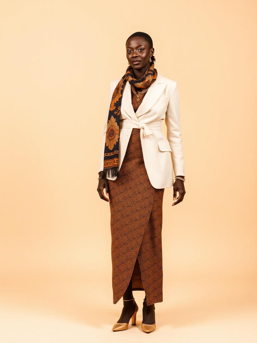 Woman in an aso oke wrap skirt with cream blazer and adire scarf