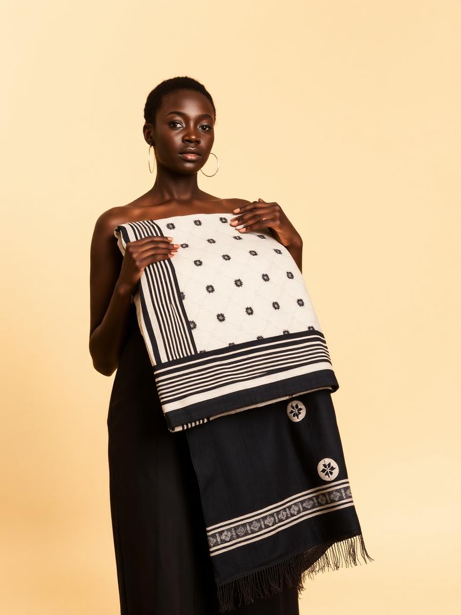 Woman holding folded aso oke and adire fabric before styling