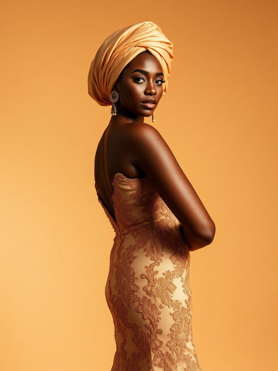 Woman in a tailored gold lace gown with a structured gele headwrap