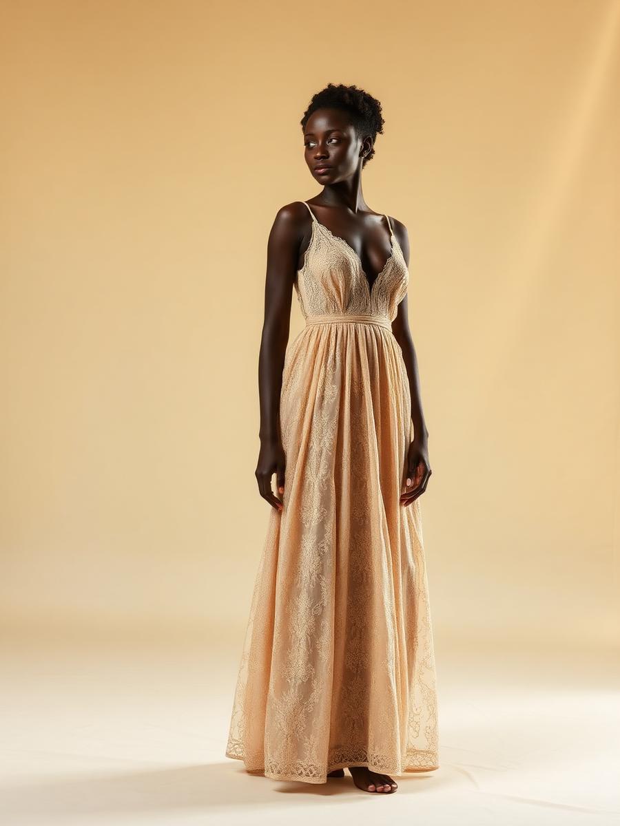 Woman in a loose unstyled lace gown before styling