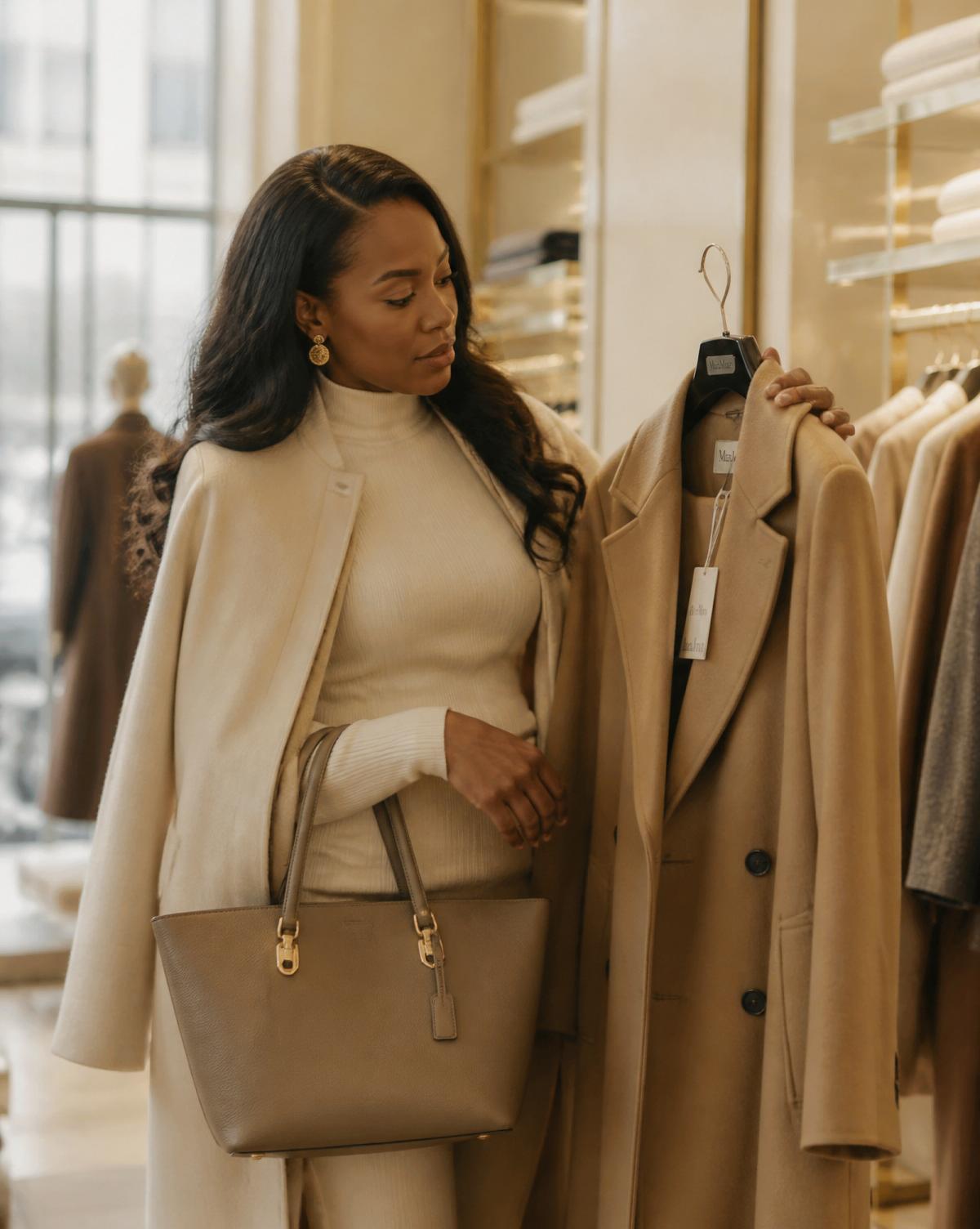 Woman choosing a camel wool coat in a warm cream boutique
