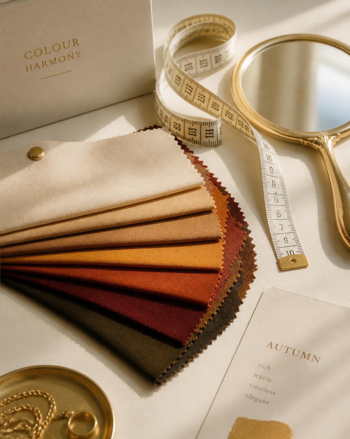 Colour drape swatches, tape measure and a gold hand mirror on cream