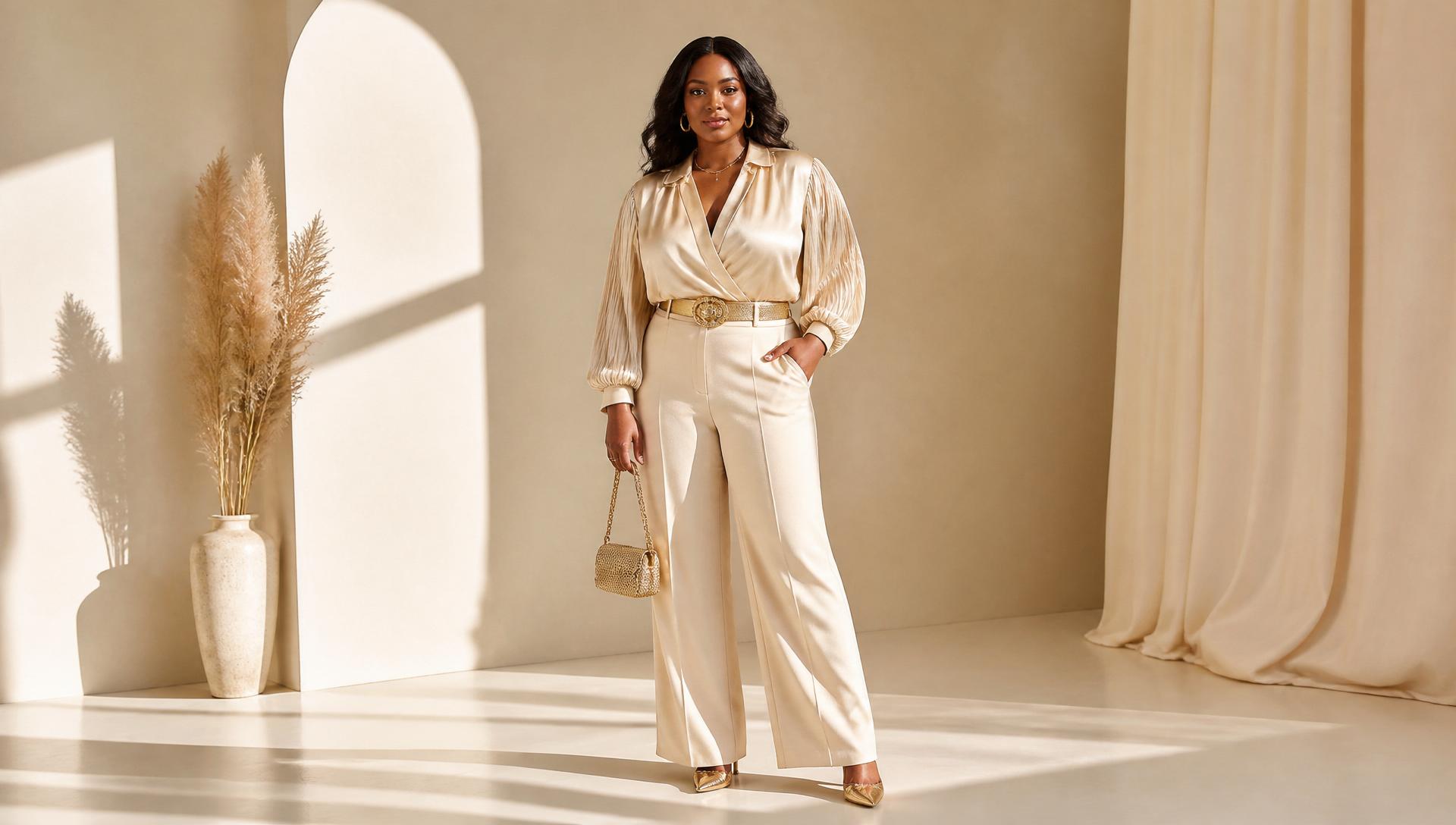 A woman in a cream and gold editorial outfit during a Style DNA session