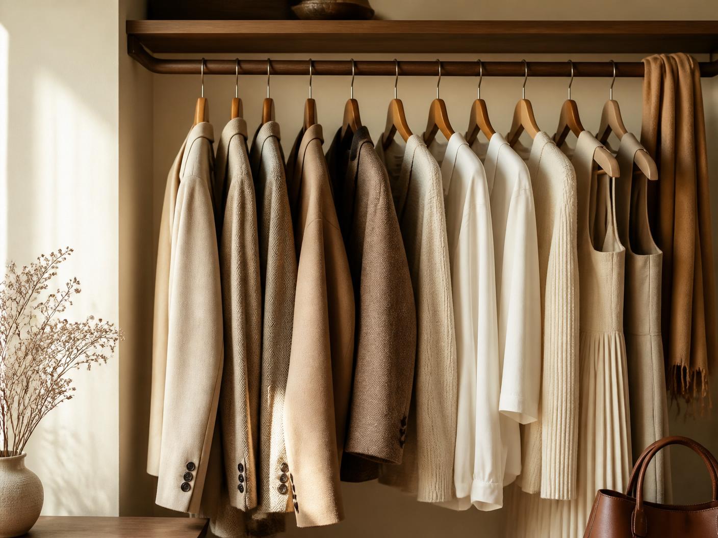 Neutral wardrobe of coats and knitwear arranged on a rail