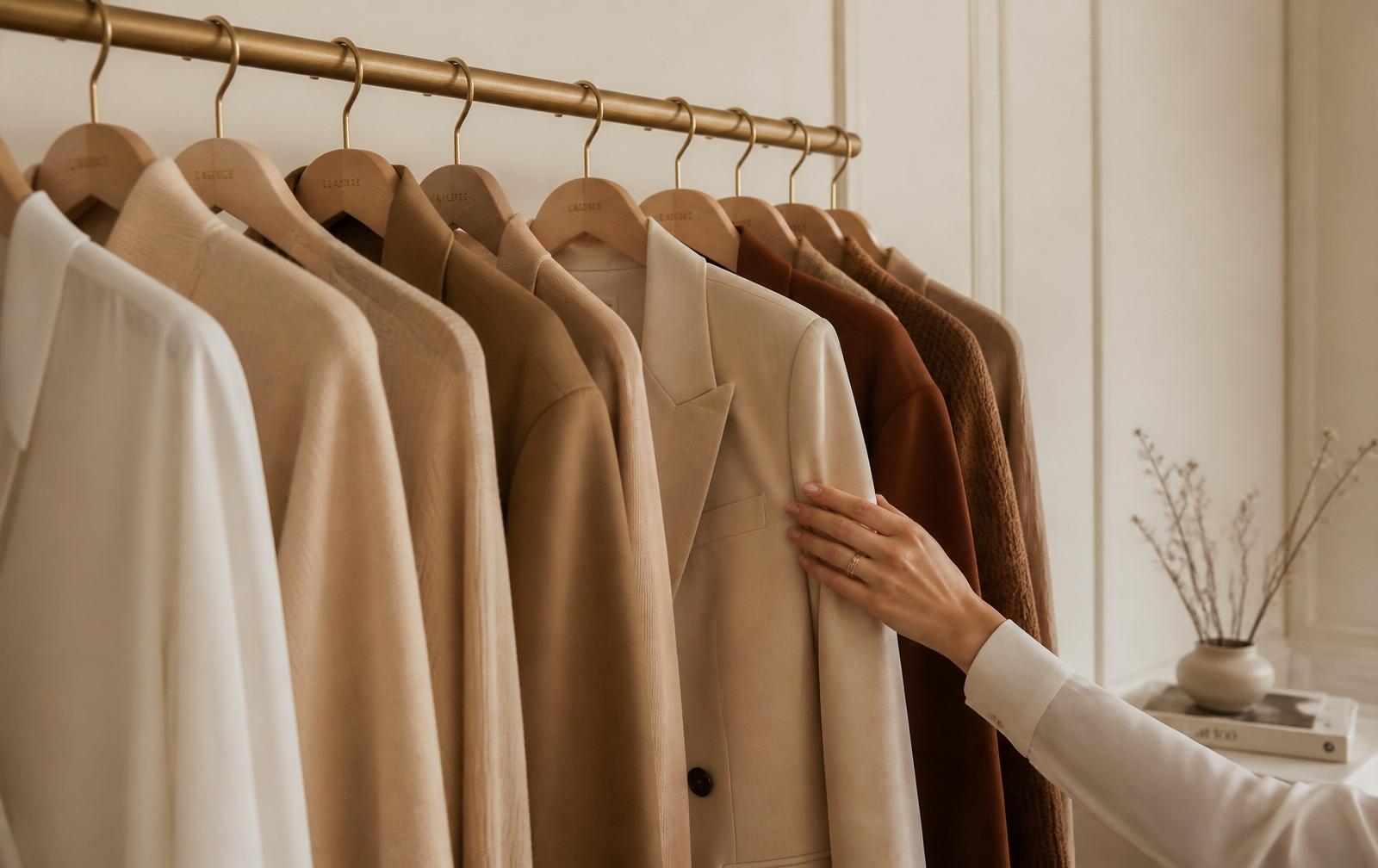 Styled wardrobe rail in warm cream tones
