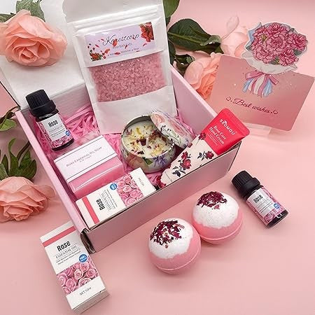 Bath Set Pamper Gifts for Women, Rose Hampers Valentines Day Ideas Gifts For Her