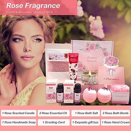 Bath Set Pamper Gifts for Women, Rose Hampers Valentines Day Ideas Gifts For Her