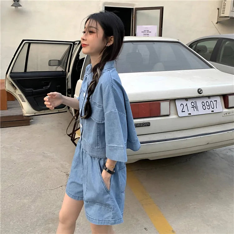 Women's Denim 2-Piece Set - Collared Top & High Waist Pocket Shorts Summer Outfit | SHEFYSTYLE