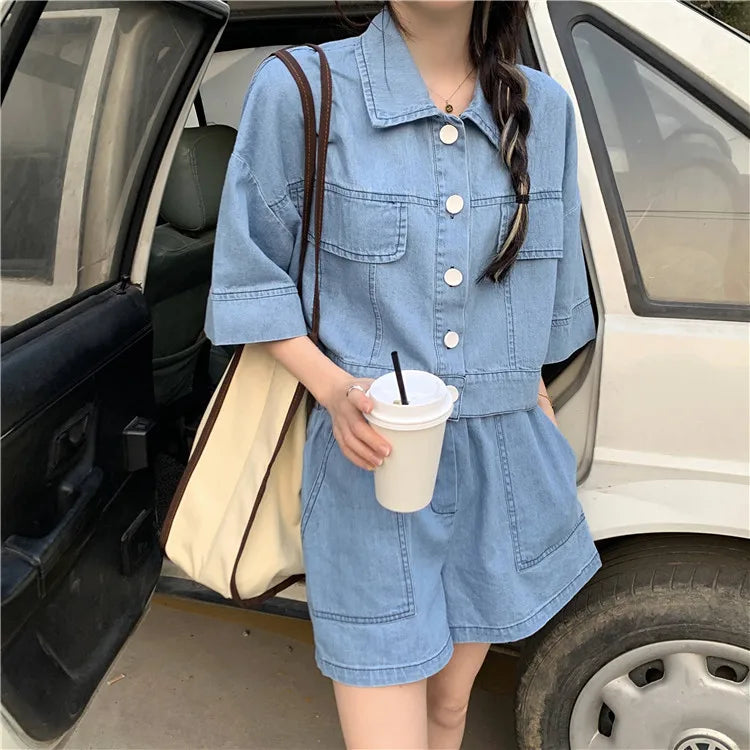 Women's Denim 2-Piece Set - Collared Top & High Waist Pocket Shorts Summer Outfit | SHEFYSTYLE
