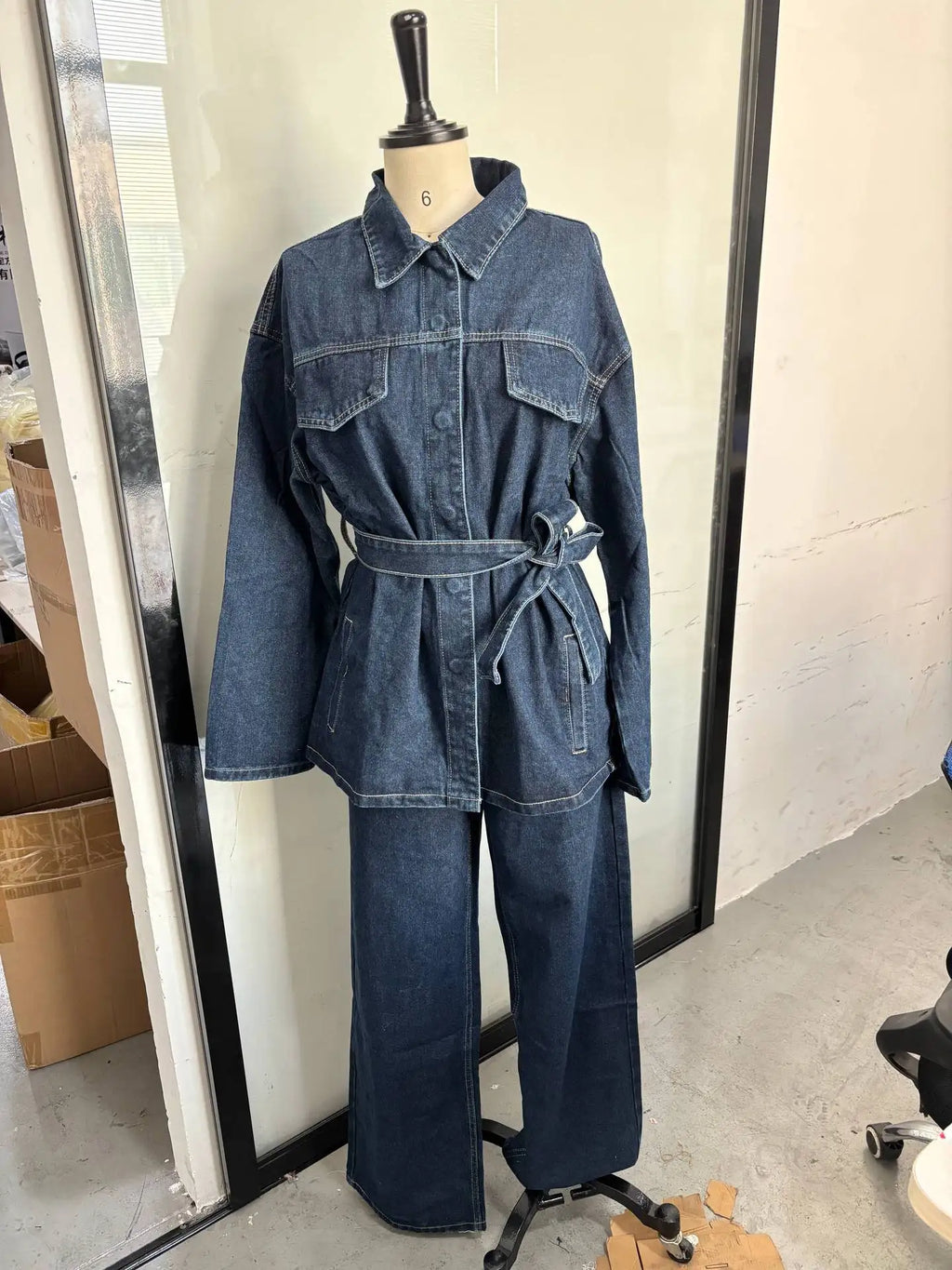 Women's Denim 2-Piece Set - Belted Jacket & Front Zip Jeans Trousers | SHEFYSTYLE
