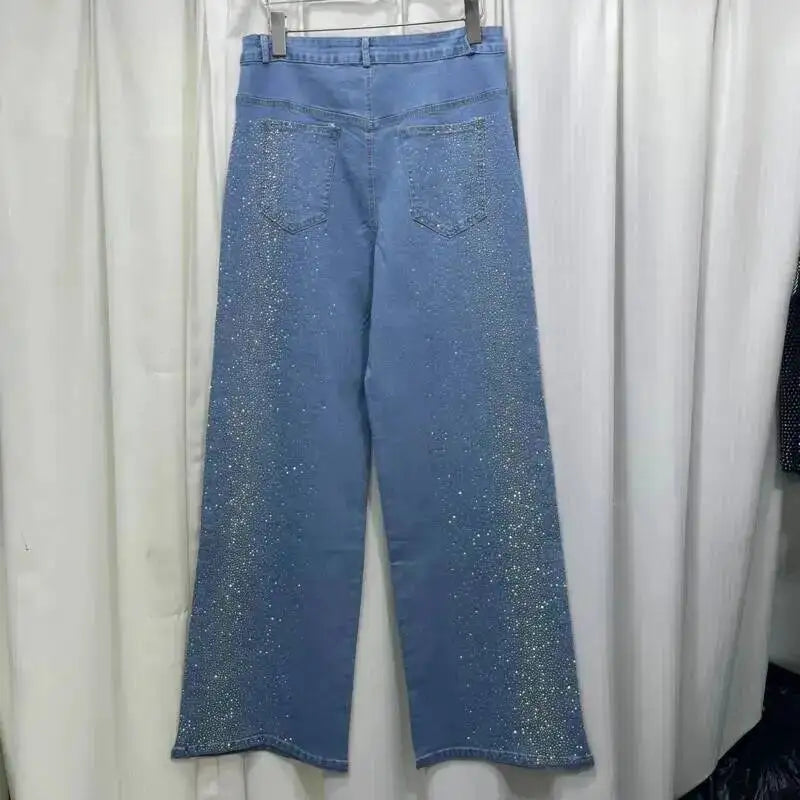 Women's Denim 2-Piece Set - Diamond-Embellished Short Sleeve Shirt & Straight Jeans | SHEFYSTYLE