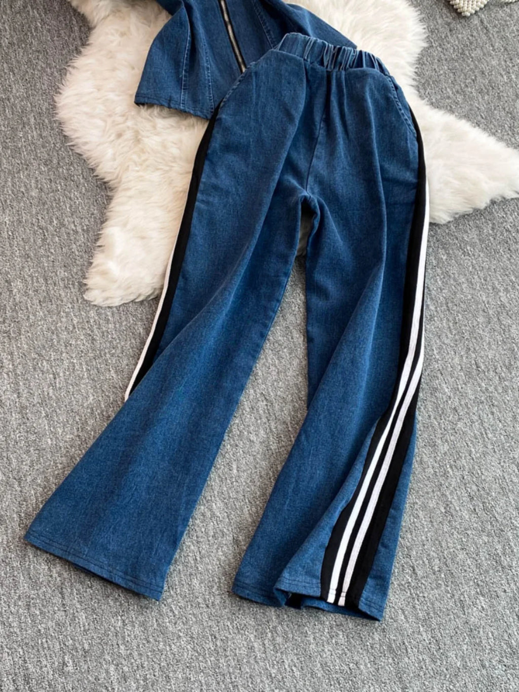 Women's Denim 2-Piece Set - Casual Top & Striped Straight Leg Pants Summer Outfit | SHEFYSTYLE
