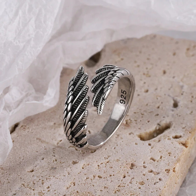 Angel Wing Feather Adjustable Ring – Vintage Silver-Tone Open Ring for Women (One Size, Statement Jewellery) | SHEFYSTYLE