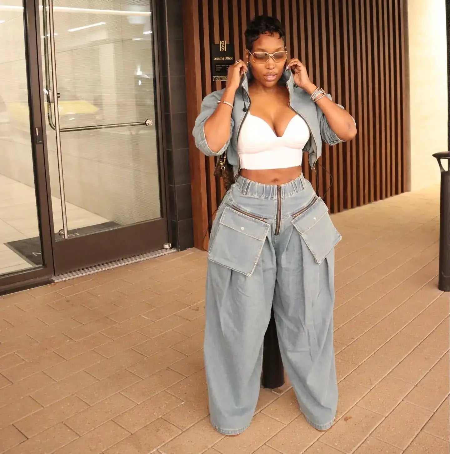 Women's Denim 2-Piece Set - Jacket & Wide Leg Jeans Matching Streetwear Outfit | SHEFYSTYLE