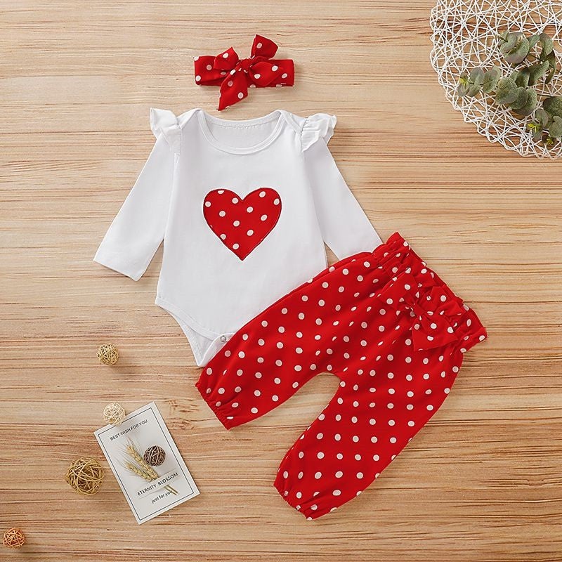 Newborn Baby Girl 3-Piece Outfit – Long-Sleeve Romper, Trousers & Headband (0–18 Months, Heart Print)
