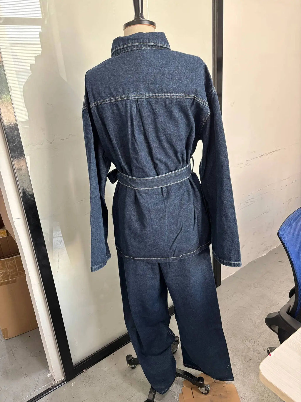 Women's Denim 2-Piece Set - Belted Jacket & Front Zip Jeans Trousers | SHEFYSTYLE