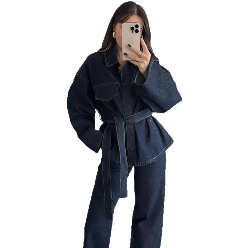Women's Denim 2-Piece Set - Belted Jacket & Front Zip Jeans Trousers | SHEFYSTYLE