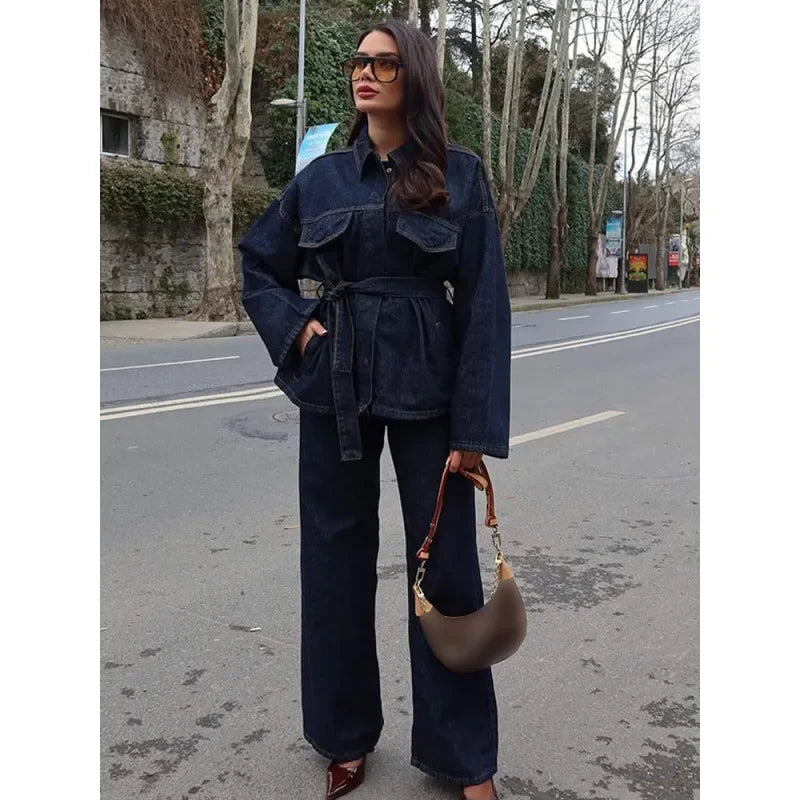 Women's Denim 2-Piece Set - Belted Jacket & Front Zip Jeans Trousers | SHEFYSTYLE
