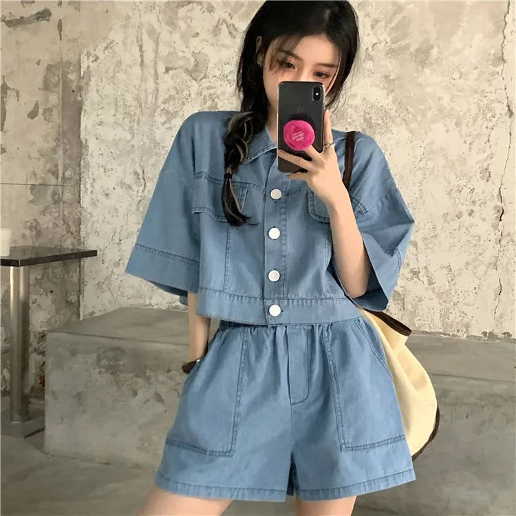 Women's Denim 2-Piece Set - Collared Top & High Waist Pocket Shorts Summer Outfit | SHEFYSTYLE