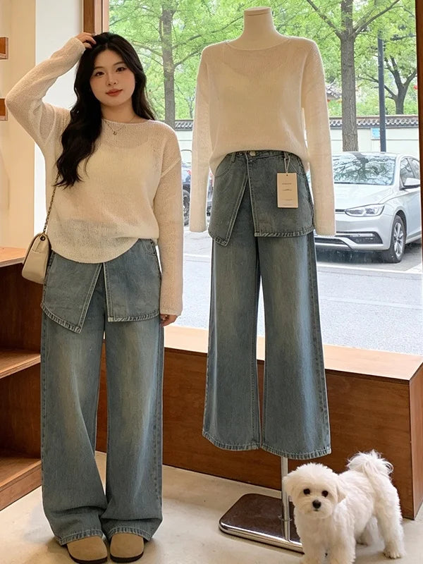 Plus Size Women's Denim-Look 2-Piece Set - Breathable Long Sleeve Summer Outfit | SHEFYSTYLE