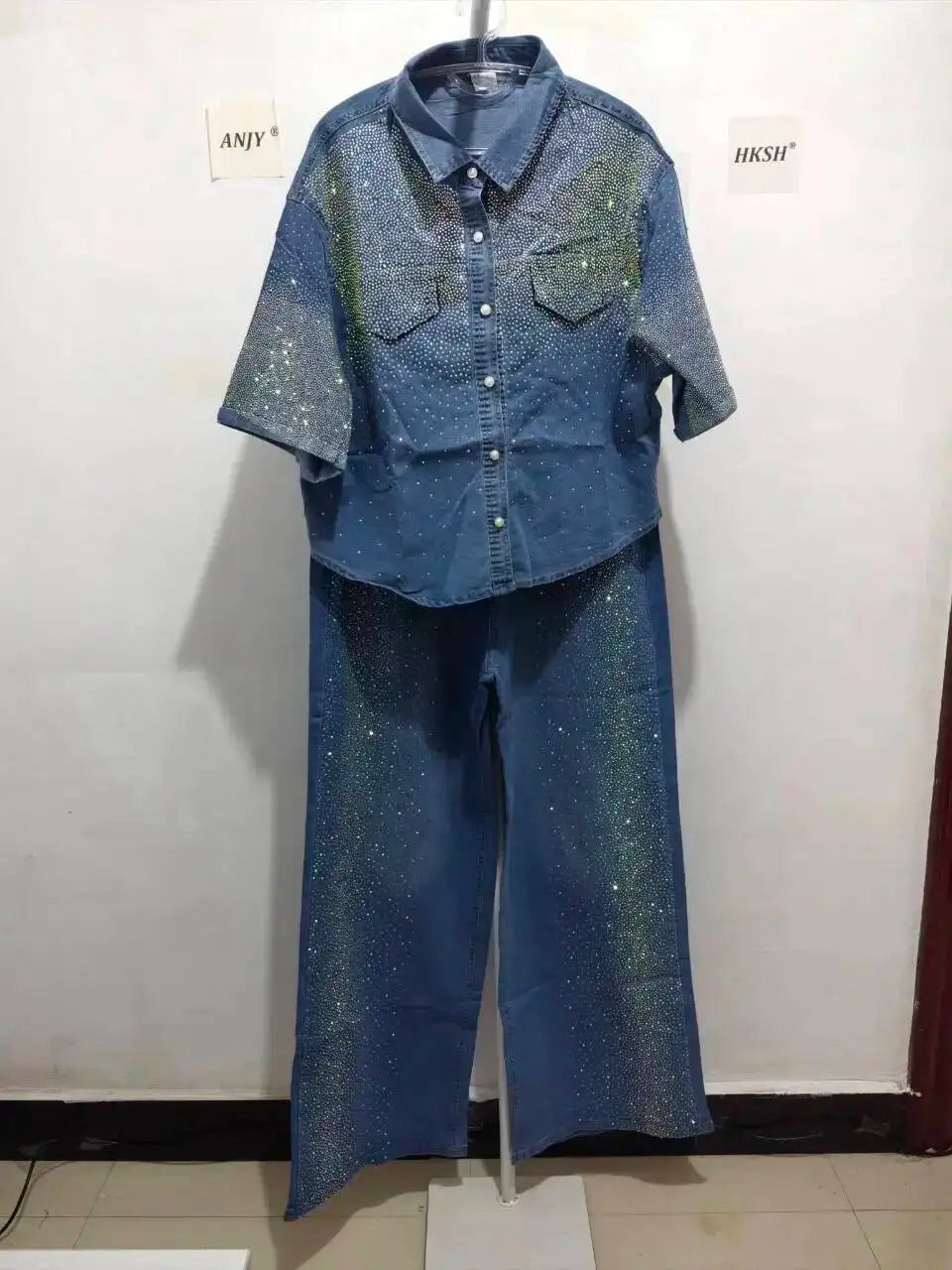 Women's Denim 2-Piece Set - Diamond-Embellished Short Sleeve Shirt & Straight Jeans | SHEFYSTYLE