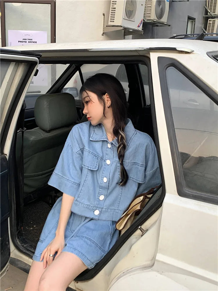 Women's Denim 2-Piece Set - Collared Top & High Waist Pocket Shorts Summer Outfit | SHEFYSTYLE