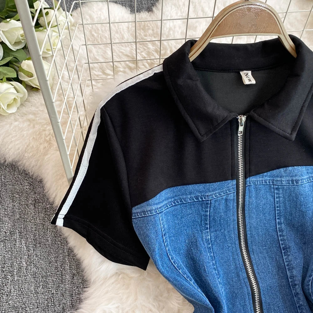 Women's Denim 2-Piece Set - Casual Top & Striped Straight Leg Pants Summer Outfit | SHEFYSTYLE