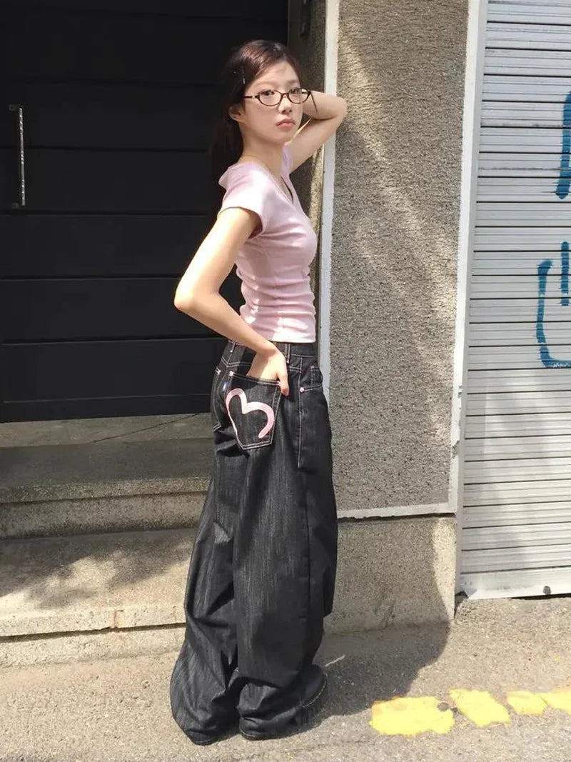 Y2K Grunge Wide-Leg Jeans – High-Waist Baggy Denim for Women (Harajuku Streetwear, Loose Fit)