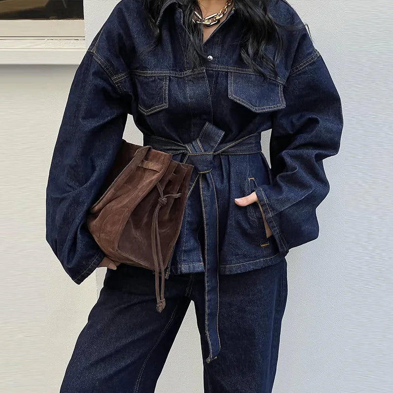 Women's Denim 2-Piece Set - Belted Jacket & Front Zip Jeans Trousers | SHEFYSTYLE