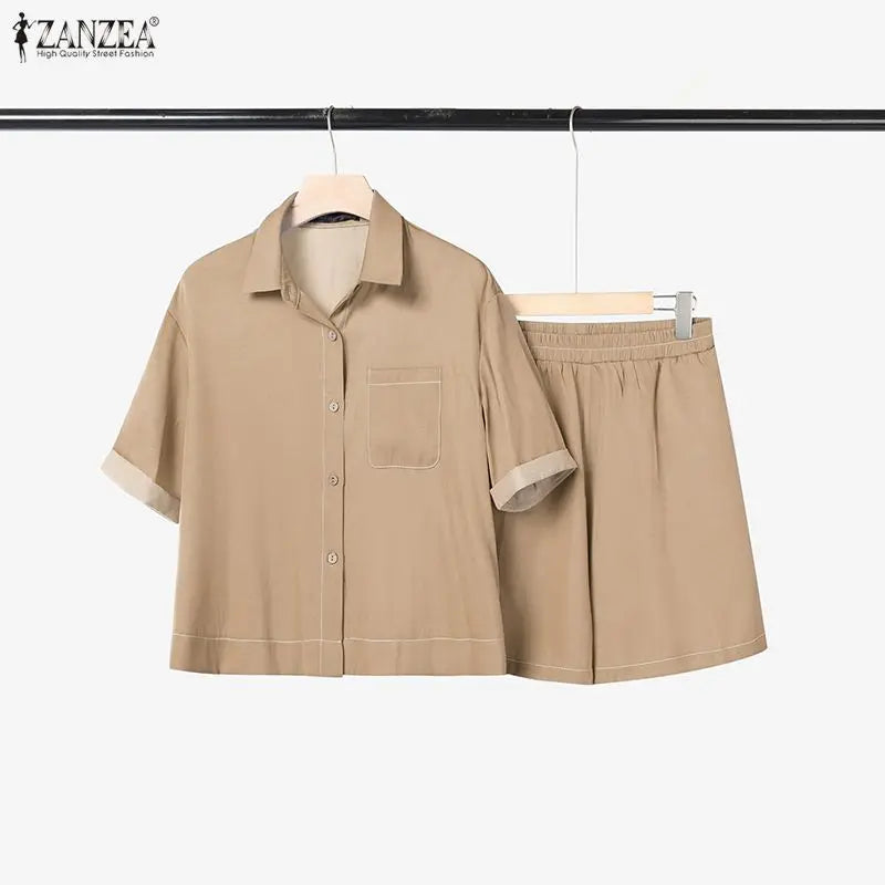 Women's Denim-Look 2-Piece Set - Short Sleeve Shirt & Elastic Waist Shorts Summer Outfit | SHEFYSTYLE