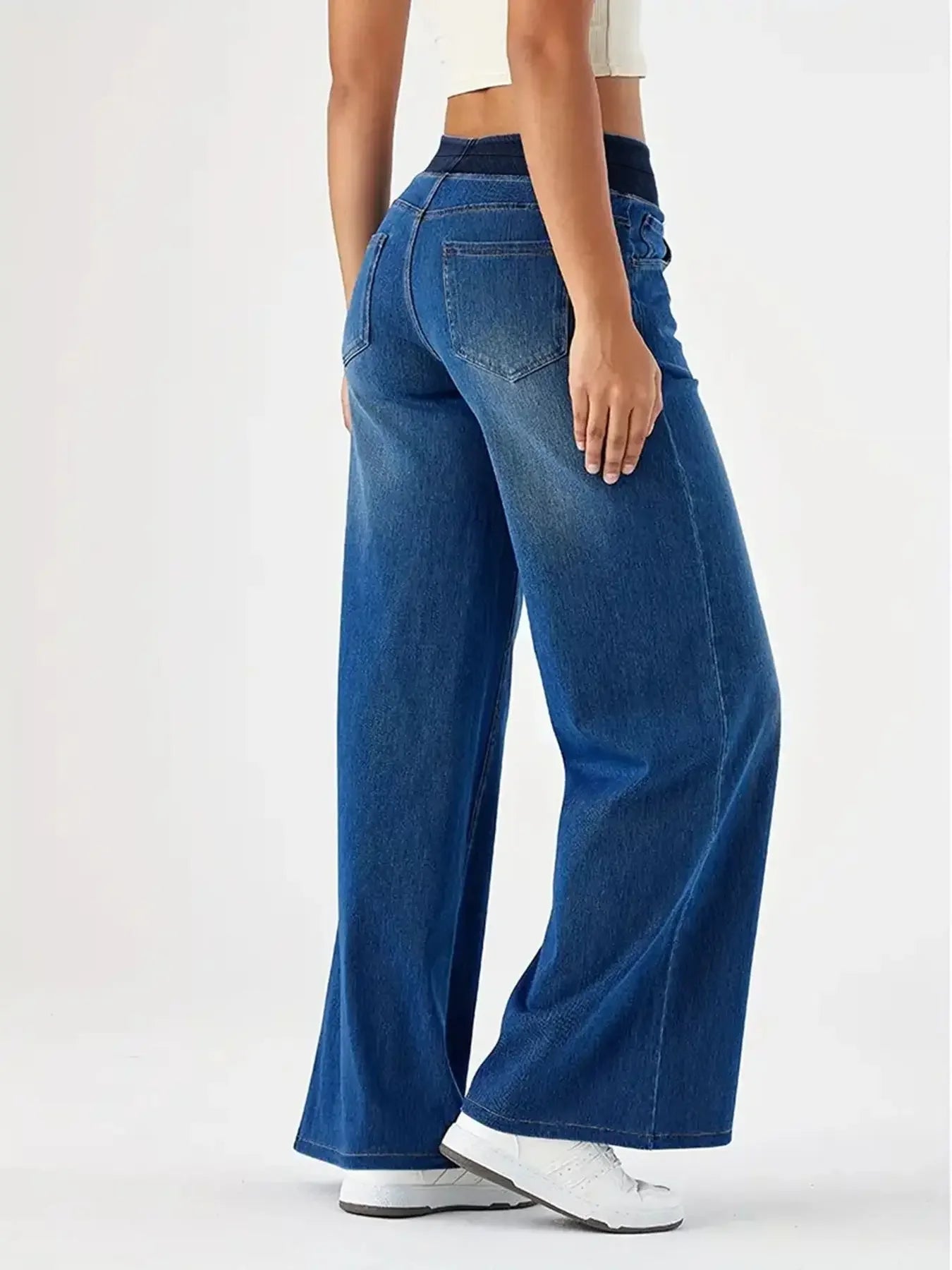 Y2K Baggy Wide-Leg Jeans – Stretchy High-Waist Denim for Women (Whisker Wash, Loose Straight Fit)