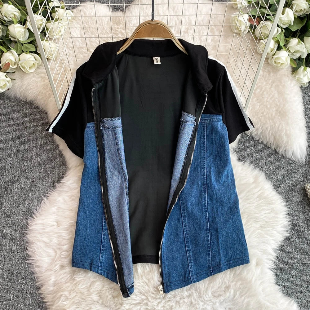 Women's Denim 2-Piece Set - Casual Top & Striped Straight Leg Pants Summer Outfit | SHEFYSTYLE