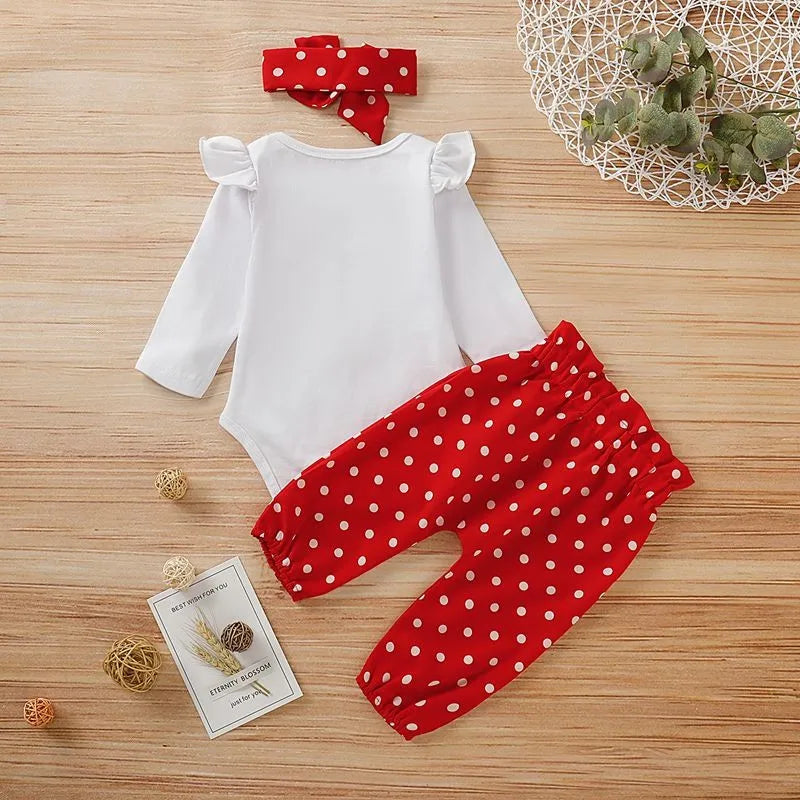 Newborn Baby Girl 3-Piece Outfit – Long-Sleeve Romper, Trousers & Headband (0–18 Months, Heart Print)
