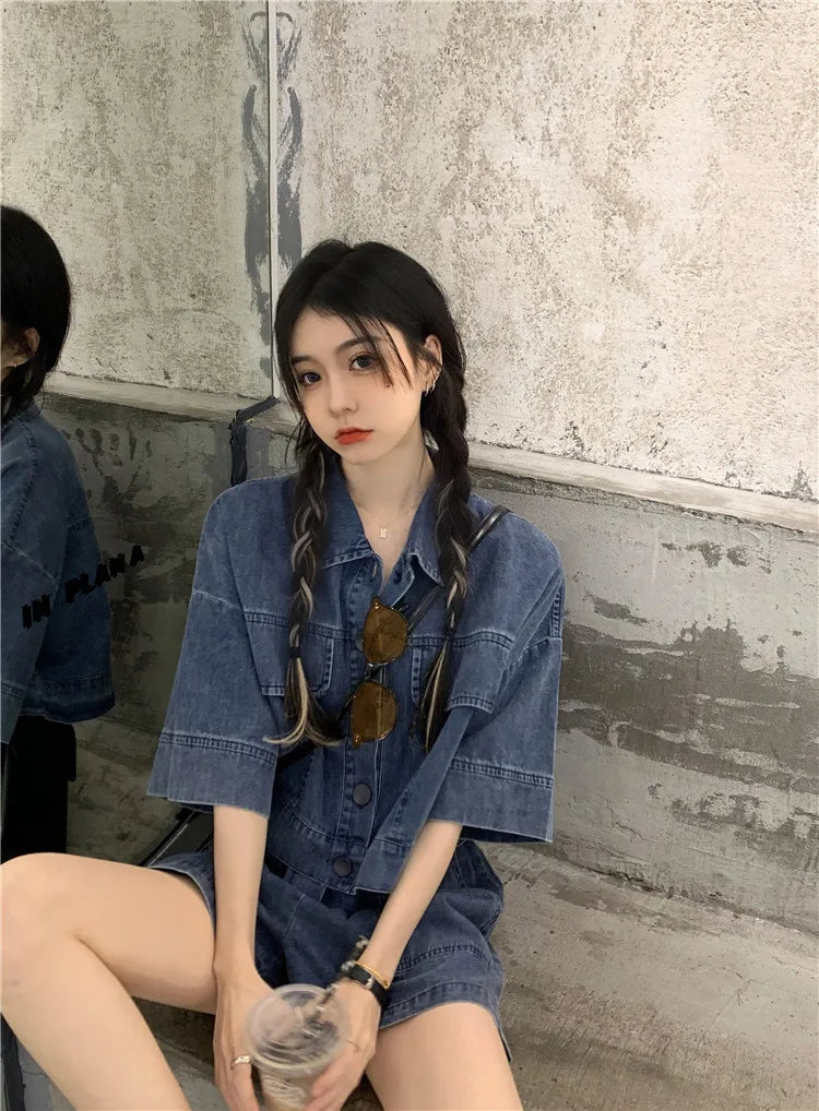 Women's Denim 2-Piece Set - Collared Top & High Waist Pocket Shorts Summer Outfit | SHEFYSTYLE