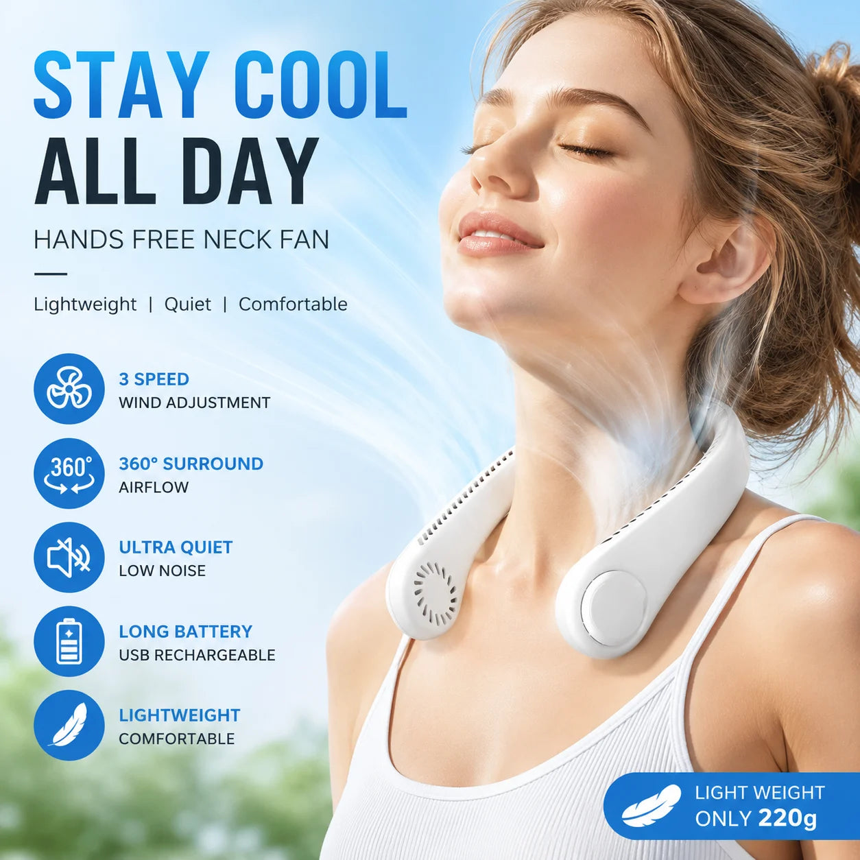 Hands-Free Bladeless Neck Fan – Portable USB Rechargeable Personal Cooling Fan (3 Speeds)