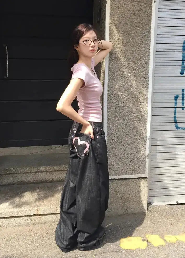 Y2K Grunge Wide-Leg Jeans – High-Waist Baggy Denim for Women (Harajuku Streetwear, Loose Fit)