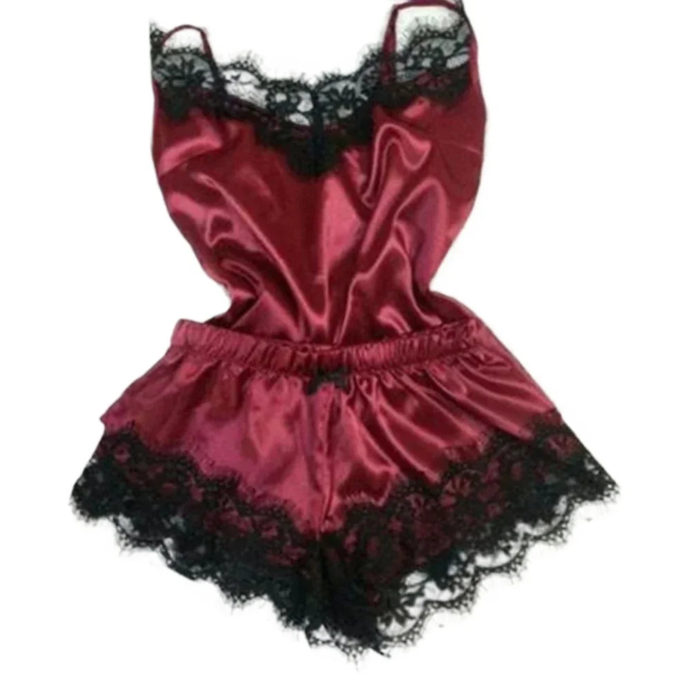 Women's Satin Lace Pajama Set - Cami Top & Shorts Sleepwear Loungewear | SHEFYSTYLE