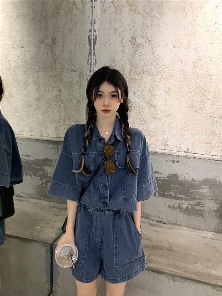 Women's Denim 2-Piece Set - Collared Top & High Waist Pocket Shorts Summer Outfit | SHEFYSTYLE
