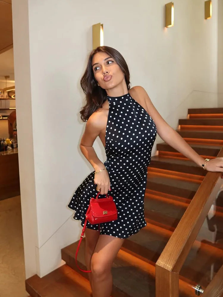 Women's Halter Polka Dot Mini Dress - Backless Sleeveless Bodycon Summer Dress | SHEFYSTYLE