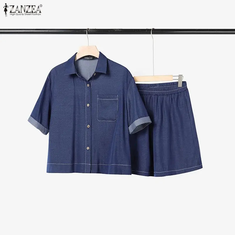 Women's Denim-Look 2-Piece Set - Short Sleeve Shirt & Elastic Waist Shorts Summer Outfit | SHEFYSTYLE
