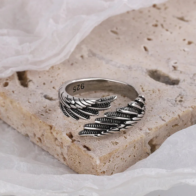 Angel Wing Feather Adjustable Ring – Vintage Silver-Tone Open Ring for Women (One Size, Statement Jewellery) | SHEFYSTYLE